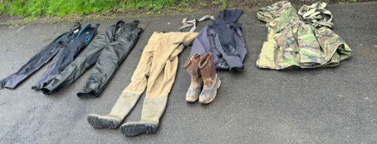 Selection of fishing clothes includes waders, boots, jackets etc