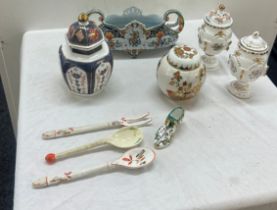 Selection of vintage porcelain hand painted items to include lidded vases etc