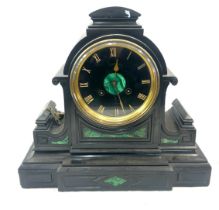 Vintage Ennety two key hole slate mantel clock with key approx measurements 16 inches wide and 15
