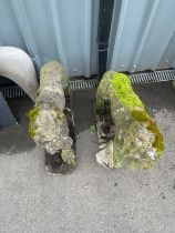 Pair of concrete lion garden statues measures approximately 12 inches tall