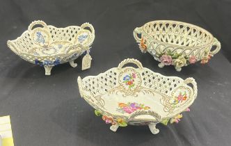 3 Lattice china bowls on legs, Meissen style, largest measures approximately diameter 9 inches,