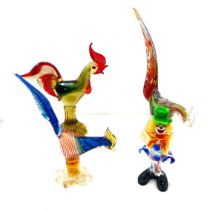 Selection of coloured glass chicken and clown possibly Murano, a/f