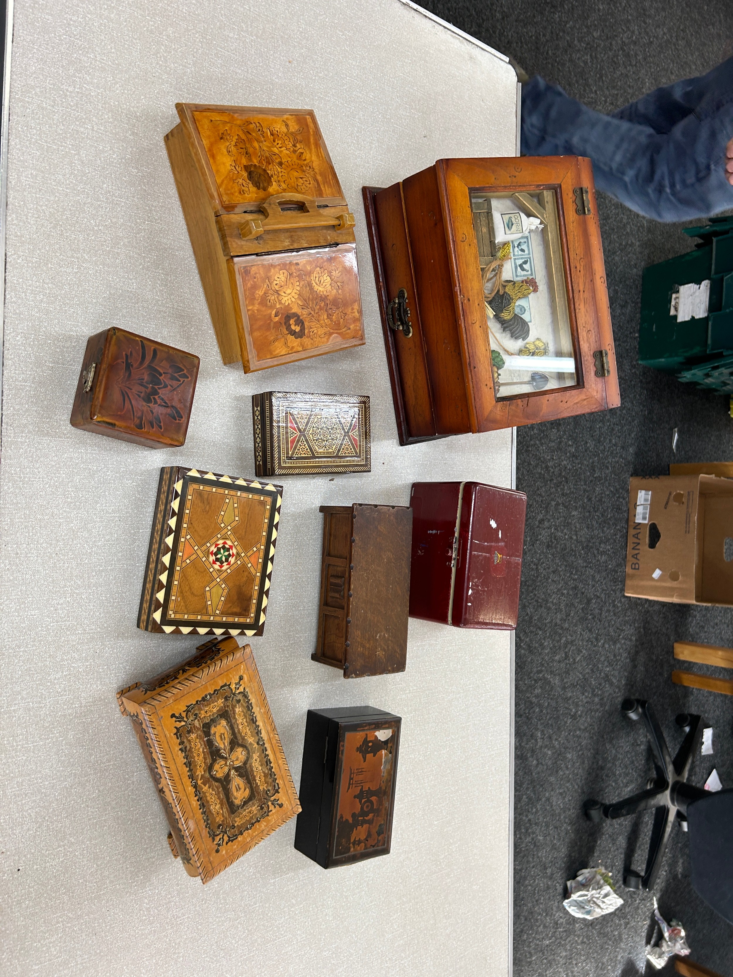 Large selection of vintage boxes includes inlaid etc