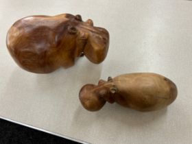 2 Carved wood hippopotamus figures