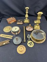Selection of brass and copper ware to include candle sticks, pressure gauges etc