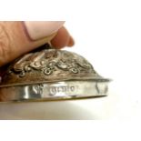 Hallmarked silver 1889 lidded embossed trinket, height 9cm, diameter 6.5 cm