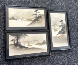 Three framed oriental painted scenes measures approx 12 inches wide by 7 inches long