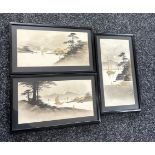 Three framed oriental painted scenes measures approx 12 inches wide by 7 inches long