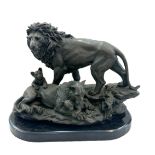 Vintage bronzed lion, lioness and cubs on a black marble base signed Baryl measures approx 15 inches