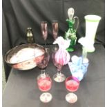 Selection of assorted coloured glass includes decanter, vases etc