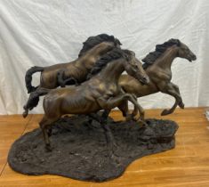 Large vintage bronzed figure of three galloping horses measures approx 30 inches wide by 20 inches