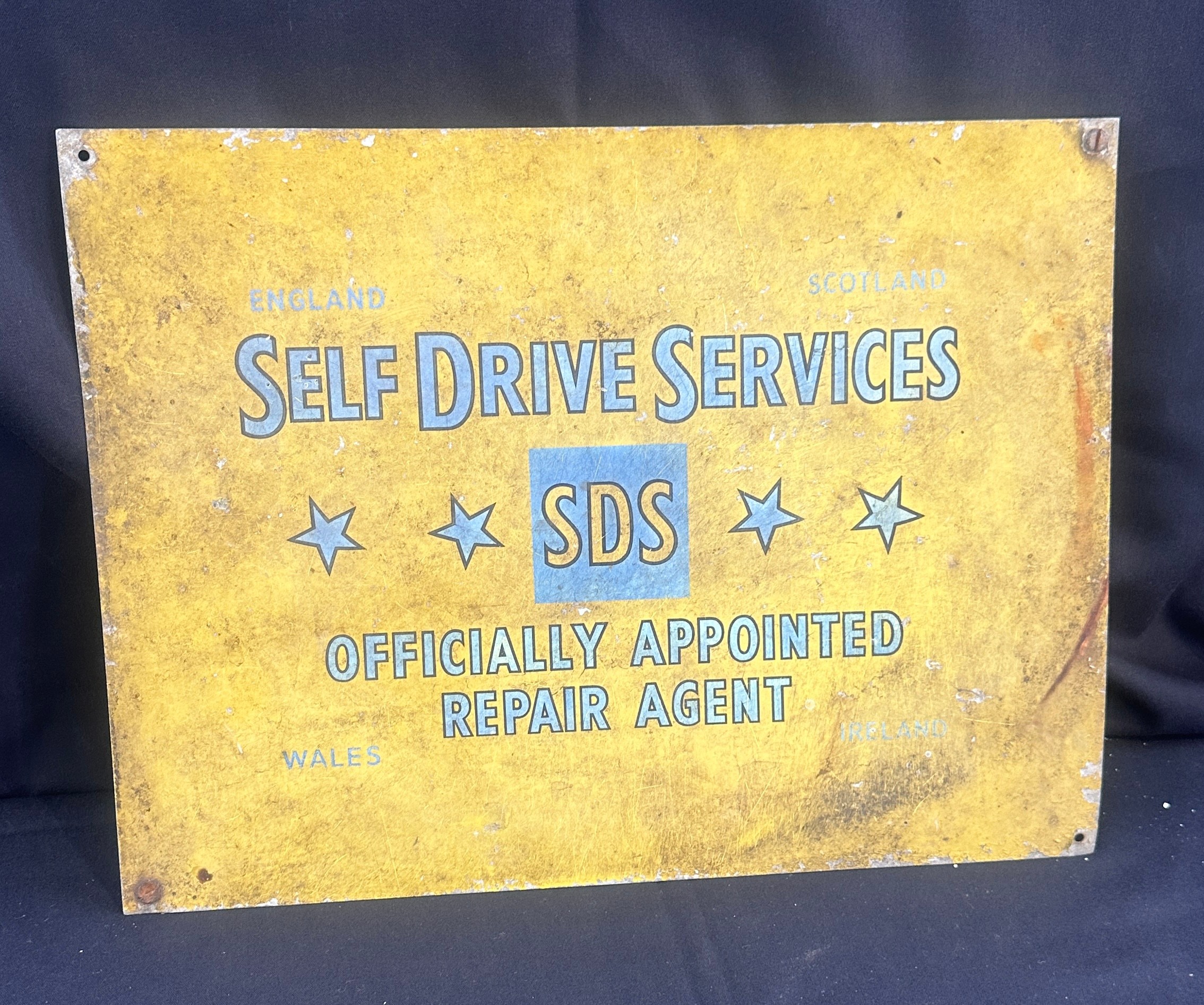 Vintage ' Self Drive Service SDS repair agent' metal sign measures approx 14 x 12 inches - Image 3 of 4