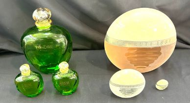 Two sets of three large perfume bottles to include Cerutti and Tender poison - largest bottle