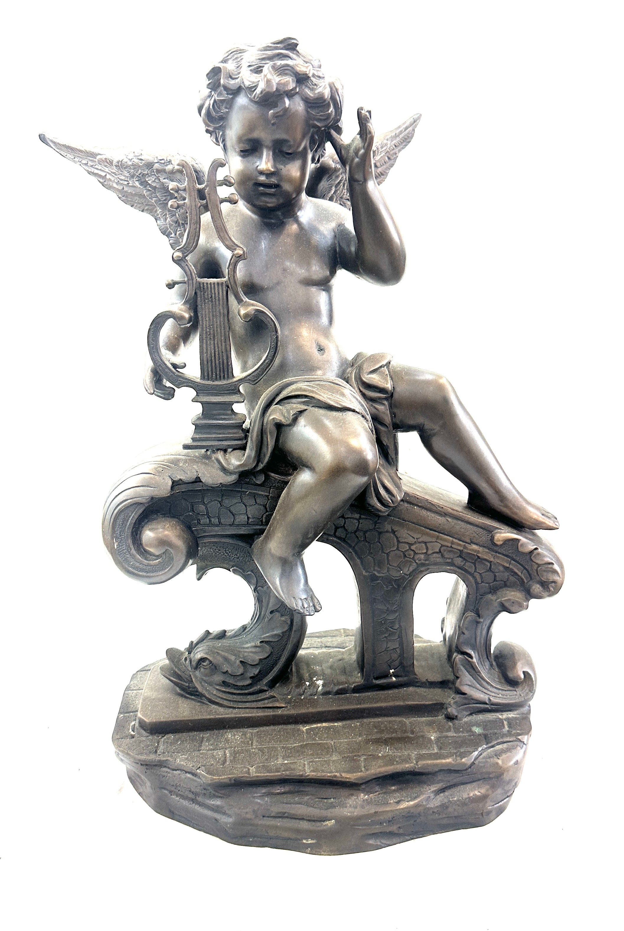 Vintage heavy Bronzed metal figure of a cherub measures approximately 12 inches wide 20 inches tall - Image 2 of 4