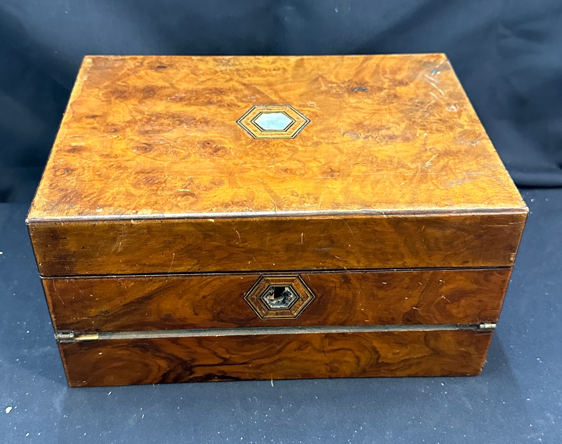 Antique tea caddy in need of restoration measures approximately 6 inches tall 12 inches wide 8.5