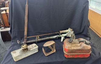 Selection of vintage items to include a petrol can, paraffin heater, cobblers part etc