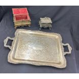 Two silver plated caskets and a silver plated tray - overall length of tray approx 24 inches