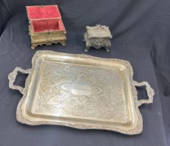 Two silver plated caskets and a silver plated tray - overall length of tray approx 24 inches