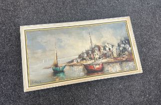 Large oil painting harbour scene by L.Merlin overall measures 23 inches tall by 43 wide