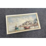 Large oil painting harbour scene by L.Merlin overall measures 23 inches tall by 43 wide