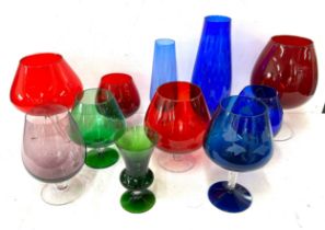 Selection of coloured glass goblets tallest measures approx 12 inches tall