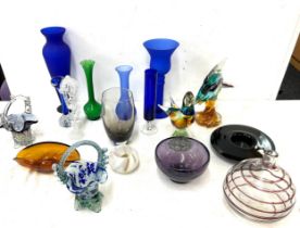 Selection of coloured glassware to include Murano