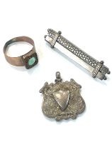 Silver fob, silver brooch and a vintage 7ct stone set ring