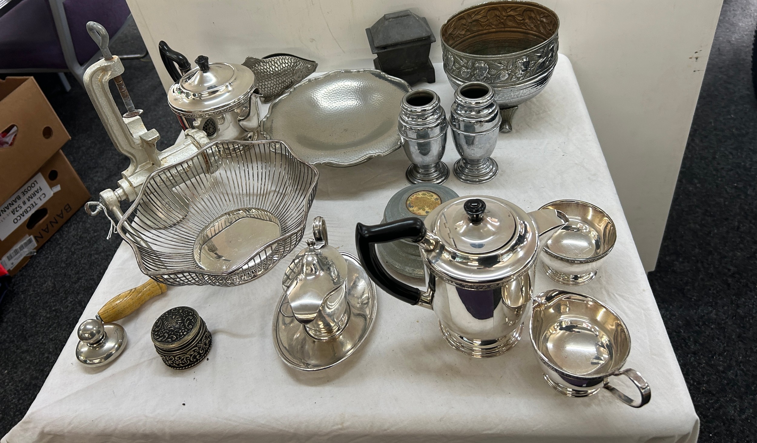 Selection of silver plated ware includes tea pots etc