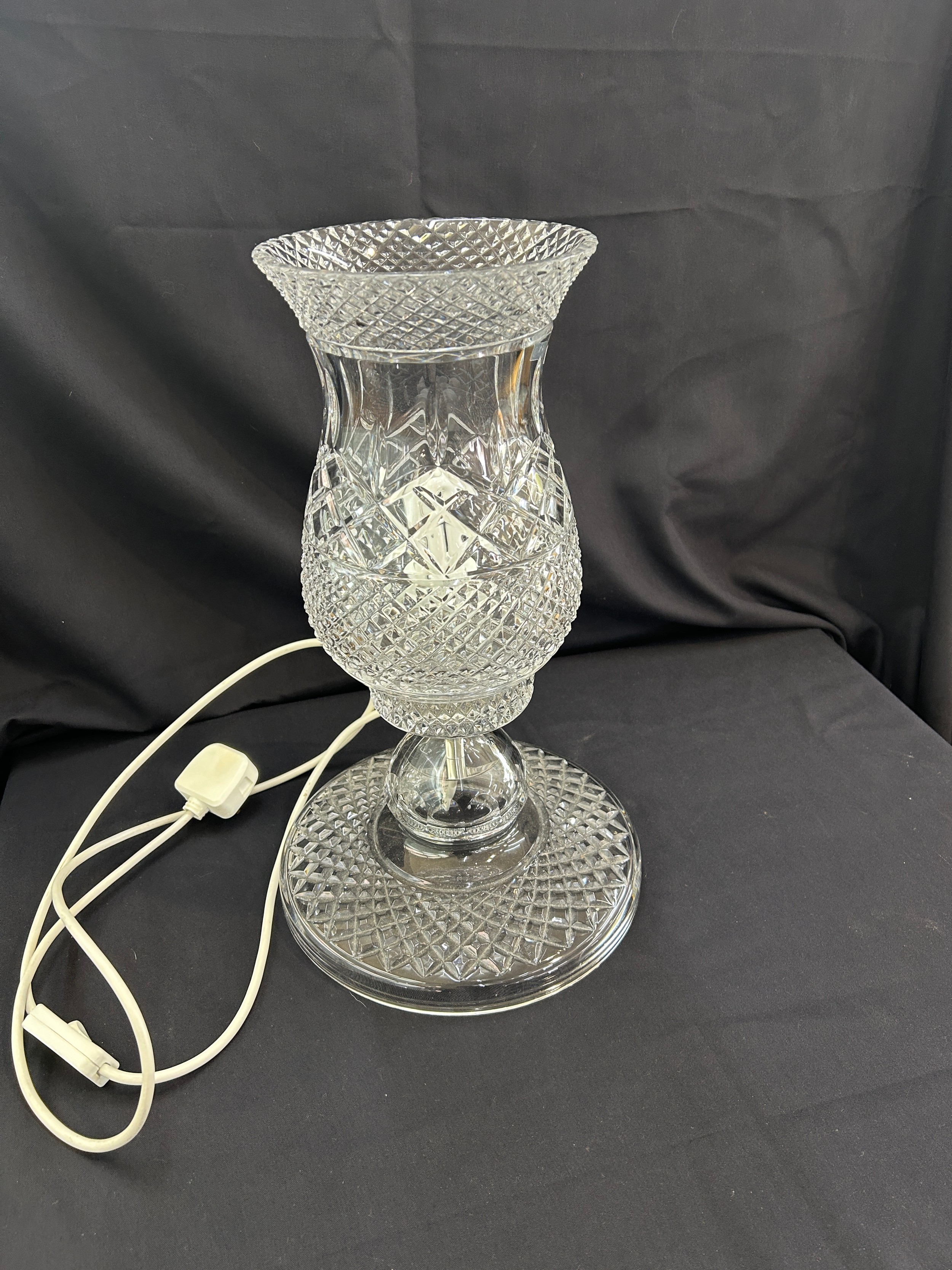 Cut glass table lamp measures approx 16 inches tall, diameter of base 10 inches