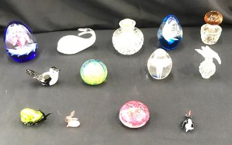 Selection of 13 pieces of glassware includes paper weights etc