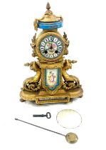 French gilded 2 key hole mantle clock with porcelain plaque, 12 inches wide 16 inches wide with