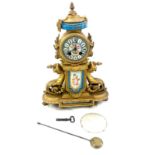 French gilded 2 key hole mantle clock with porcelain plaque, 12 inches wide 16 inches wide with