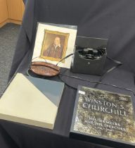 Selection of vintage collectable items to include Churchill records, a phone and binoculars