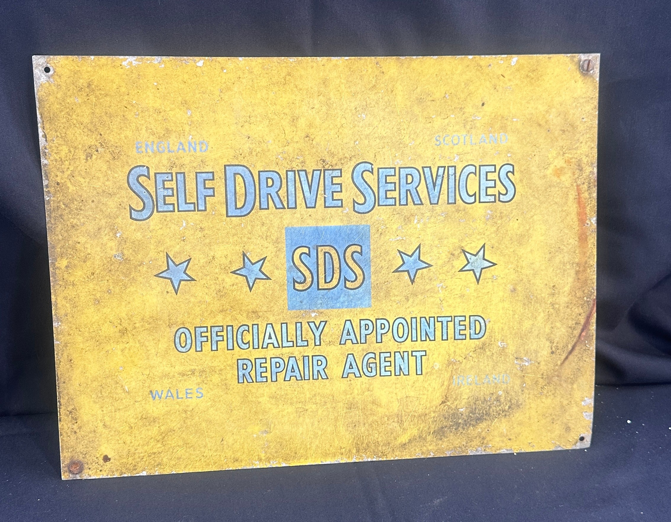 Vintage ' Self Drive Service SDS repair agent' metal sign measures approx 14 x 12 inches - Image 2 of 4