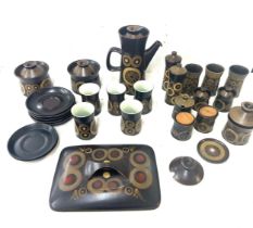 Selection of Denby to include coffee jug, cups, plates, sugar jars and a tureen lid etc