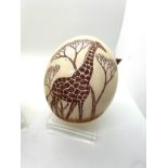 Two Ostrich eggs one hand painted depicting a giraffe