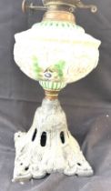 Vintage oil lamp with cast base and plastic shade overall height 24 inches