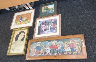 Quantity of five framed pictures largest measures approx 49 inches wide by 18 tall