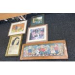 Quantity of five framed pictures largest measures approx 49 inches wide by 18 tall