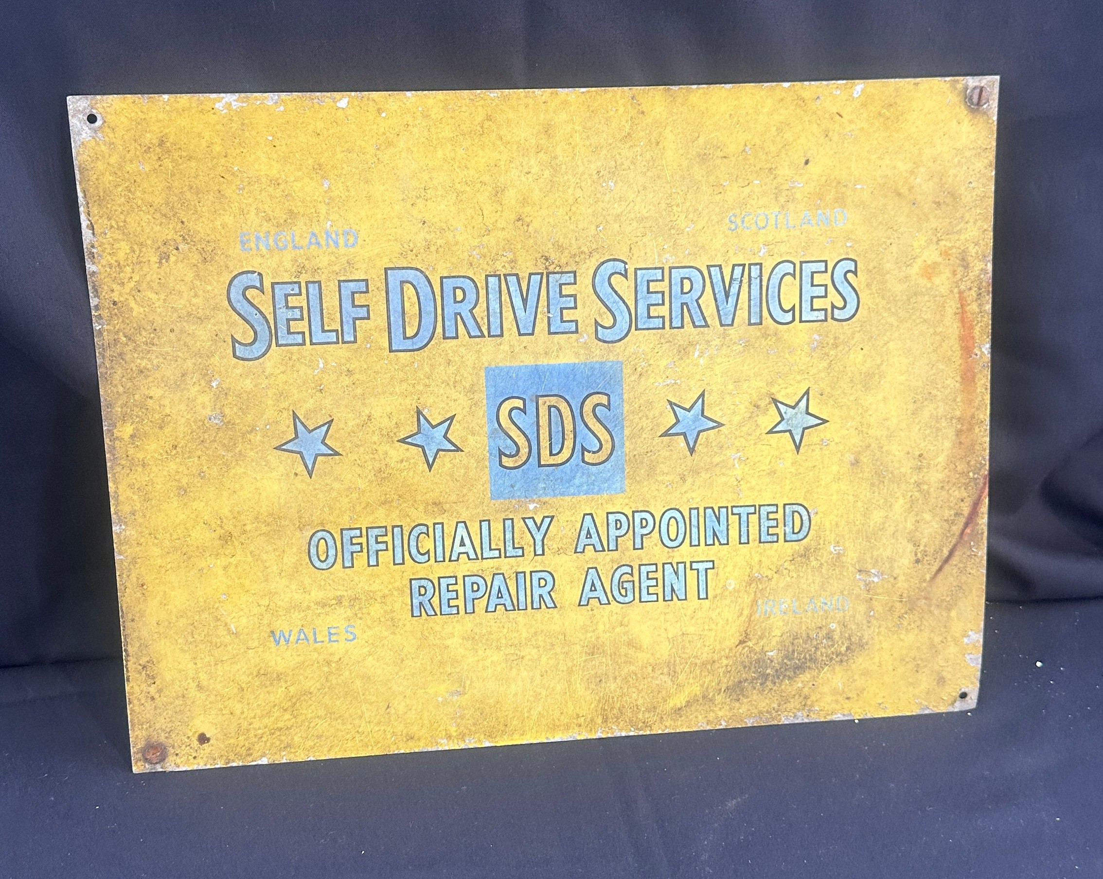 Vintage ' Self Drive Service SDS repair agent' metal sign measures approx 14 x 12 inches