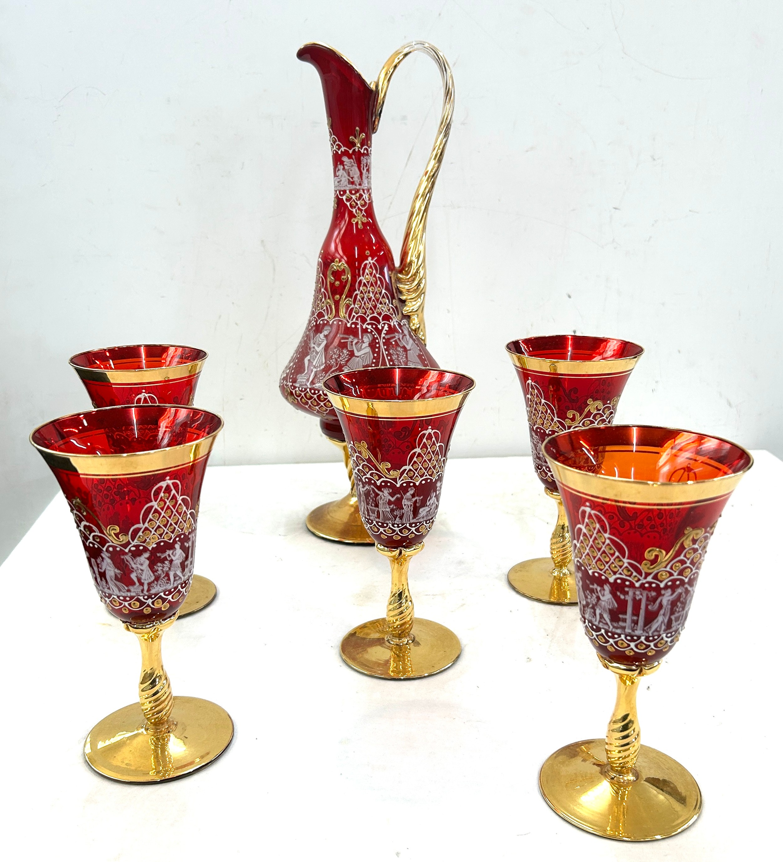 Venetian enamelled glass decanter and five glasses