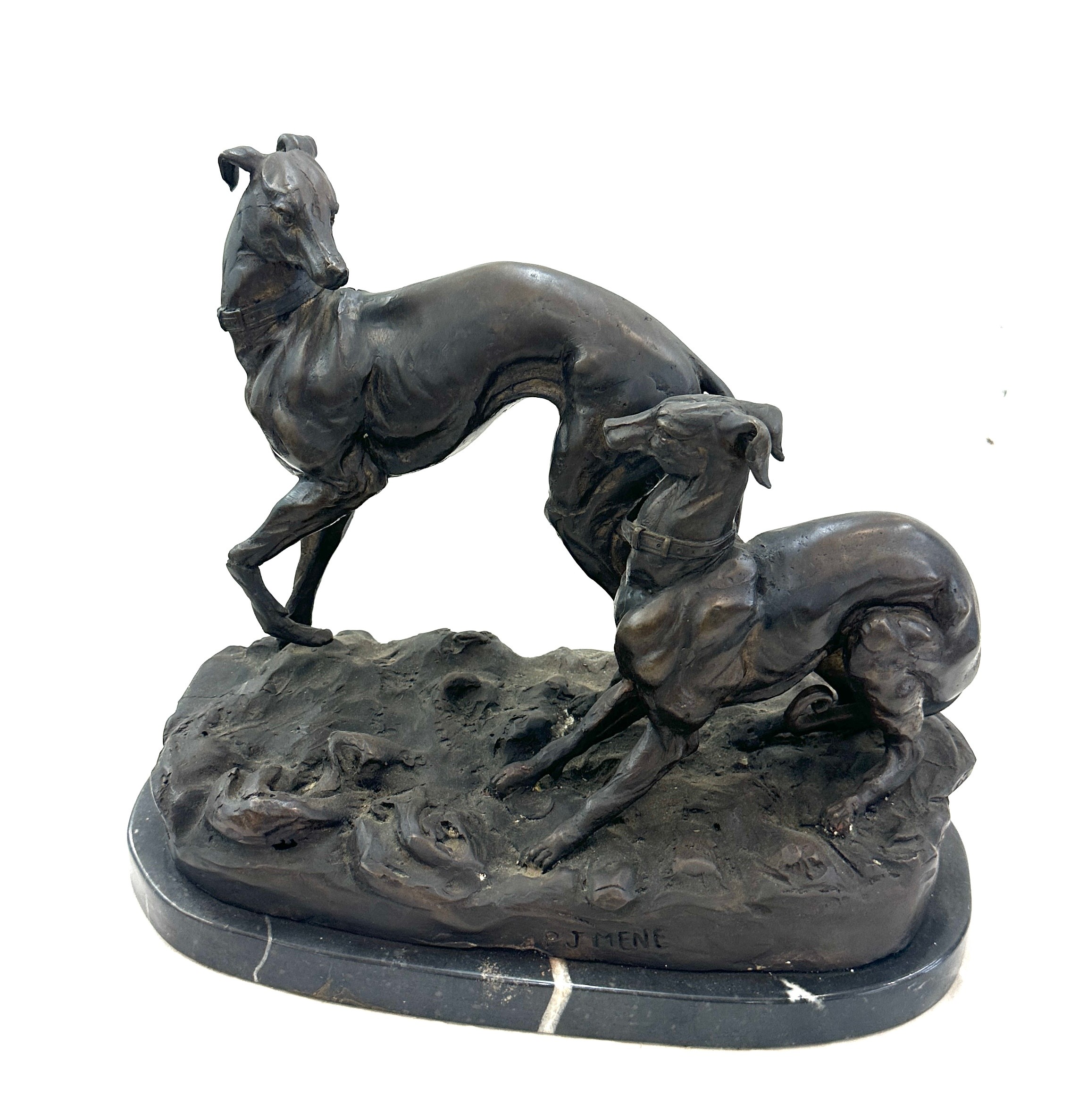 Vintage bronzed figure of dogs on a marble based signed J.Mene measures approx 15 inches wide and 13 - Bild 3 aus 4