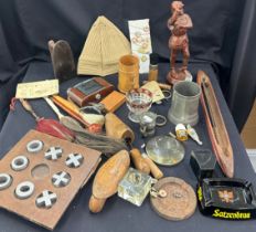 Large selection of miscellaneous to include Spelter, figure, vintage camera, wooden shoe horns,