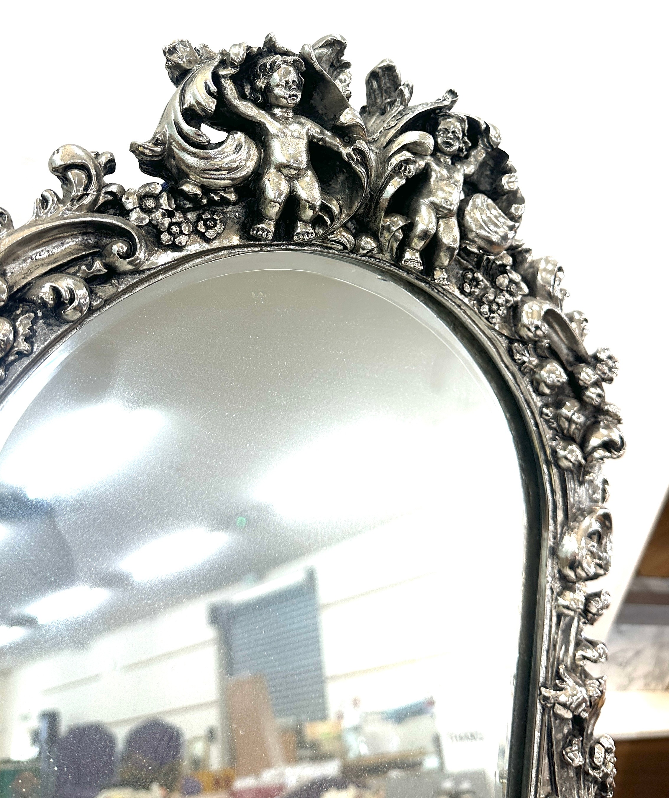 Metal overlay cherub design free standing mirror measures 20 inches tall 16 inches wide - Image 2 of 3