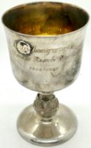 Hallmarked silver small trophy cup, engraved Alan Longworth Herons Reach North 1998-1999, overall