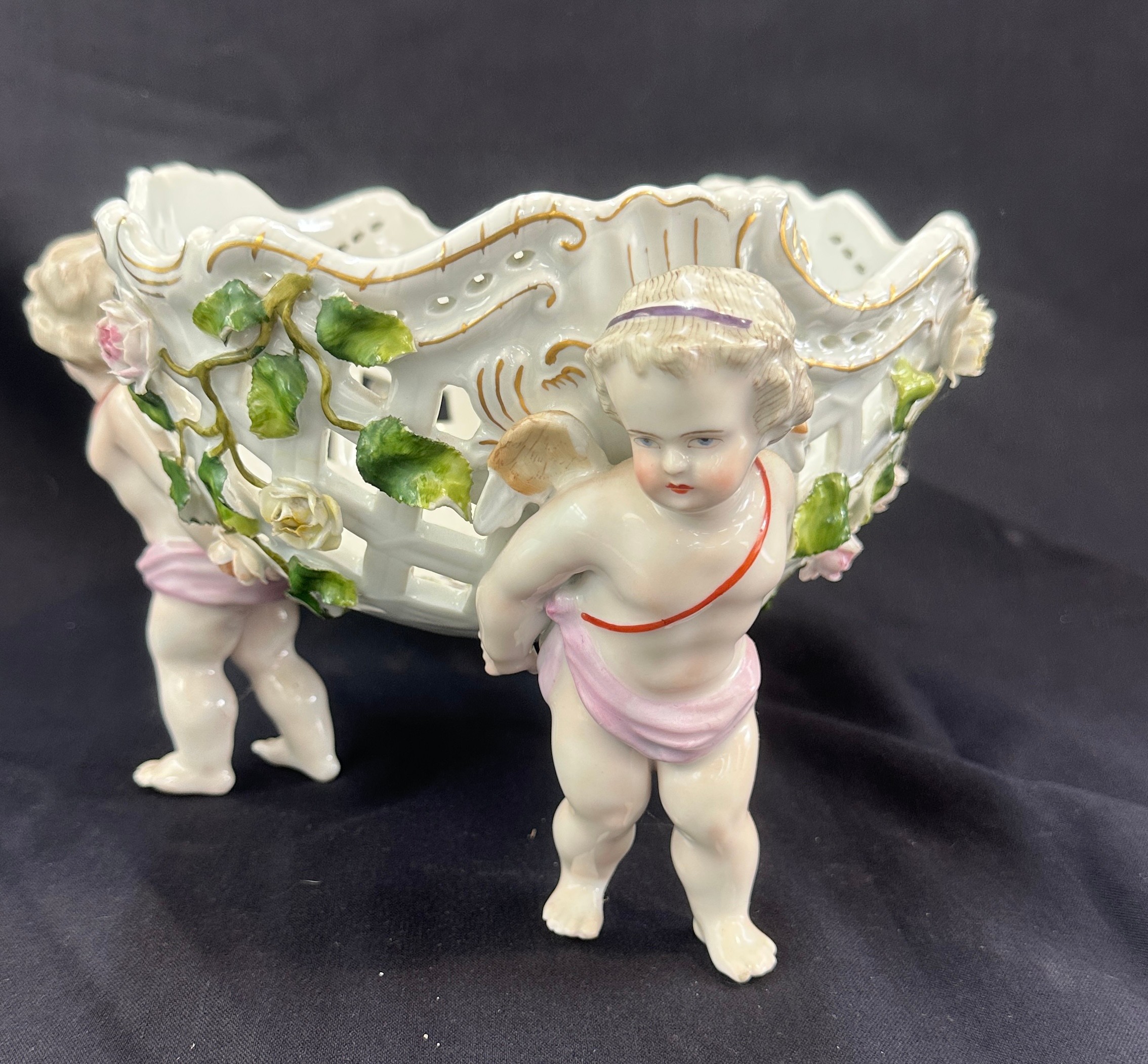 Meissen style small cherub bowl, approximate measurements Diameter 6 inches, Height 9 inches