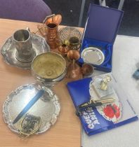 Selection of metalware includes silver plate, copper ware etc