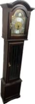 Mahogany cased grandmother clock with moon dial, weights and pendulum overall height 66 inches tall