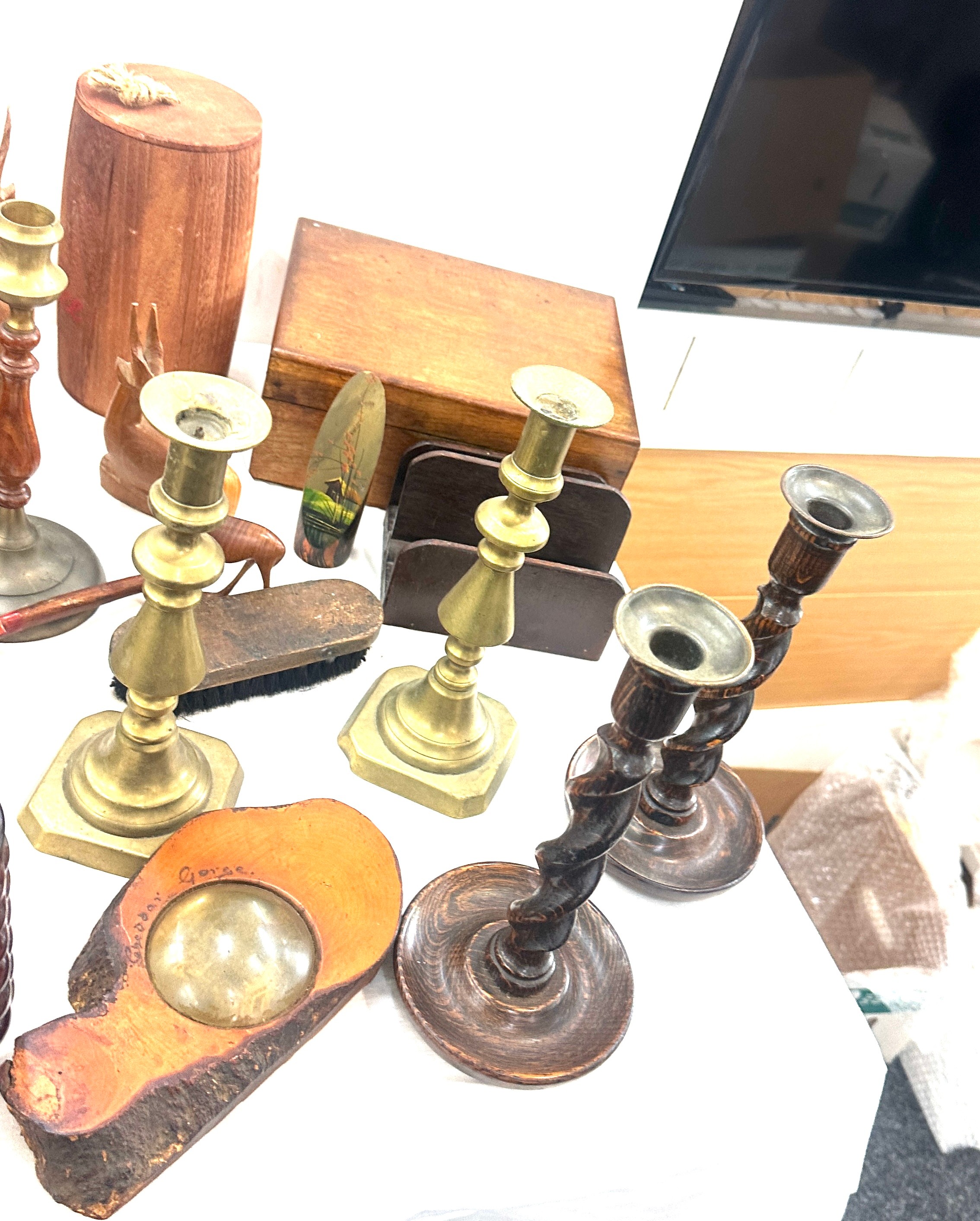 Selection of items to include wooden, brass candle tickets, writing box, selection wooden - Image 5 of 5