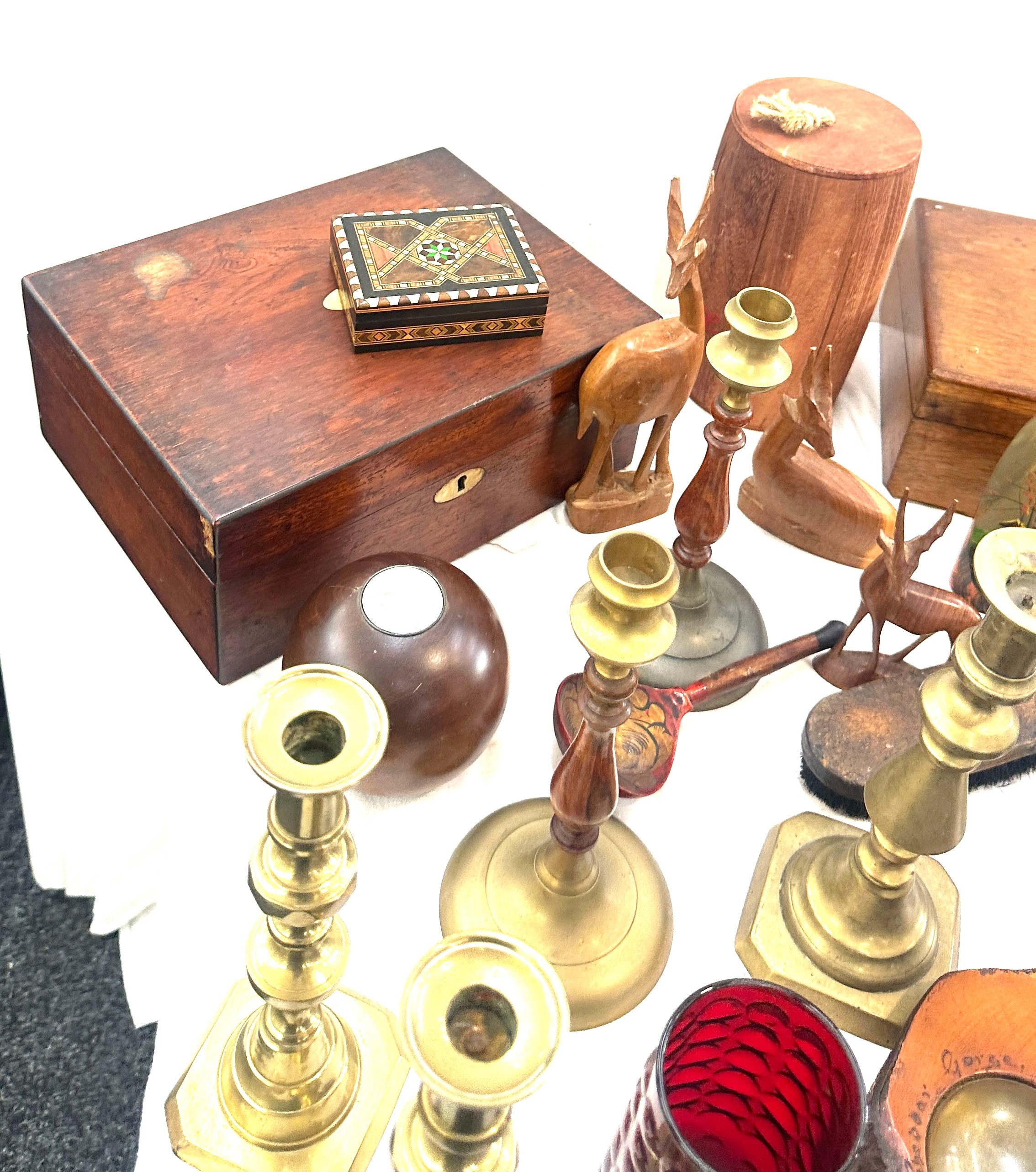 Selection of items to include wooden, brass candle tickets, writing box, selection wooden - Image 2 of 5